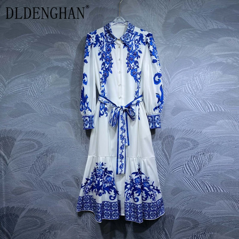 

DLDENGHAN S Diamonds Dress Women's Turn-down Collar Long Sleeves Lace-up Blue Flower Print Vintage Dress Fashion Designer