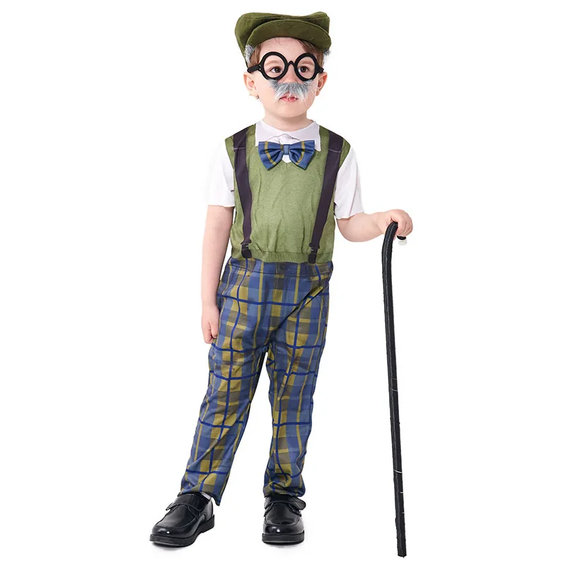 Kids Child Grandpa Old Man Costume Kit for Boys Short Sleeve Green 4-6Y 6-8Y 8-10Y 10-12Y Old Timer Child