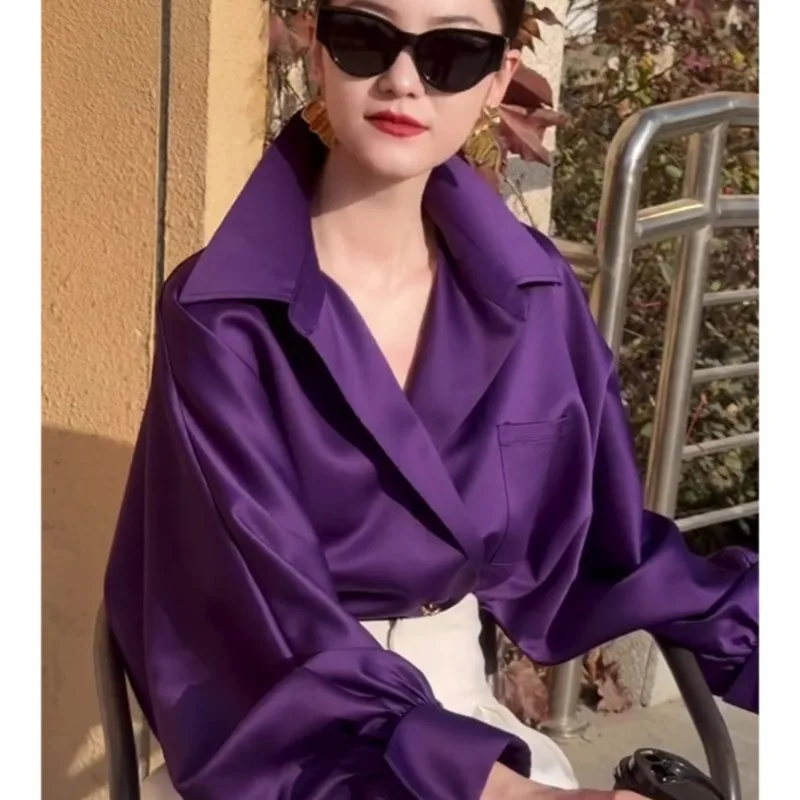 Fashionable Elegant Satin Purple Lantern Sleeve Shirt Women's New Loose Top