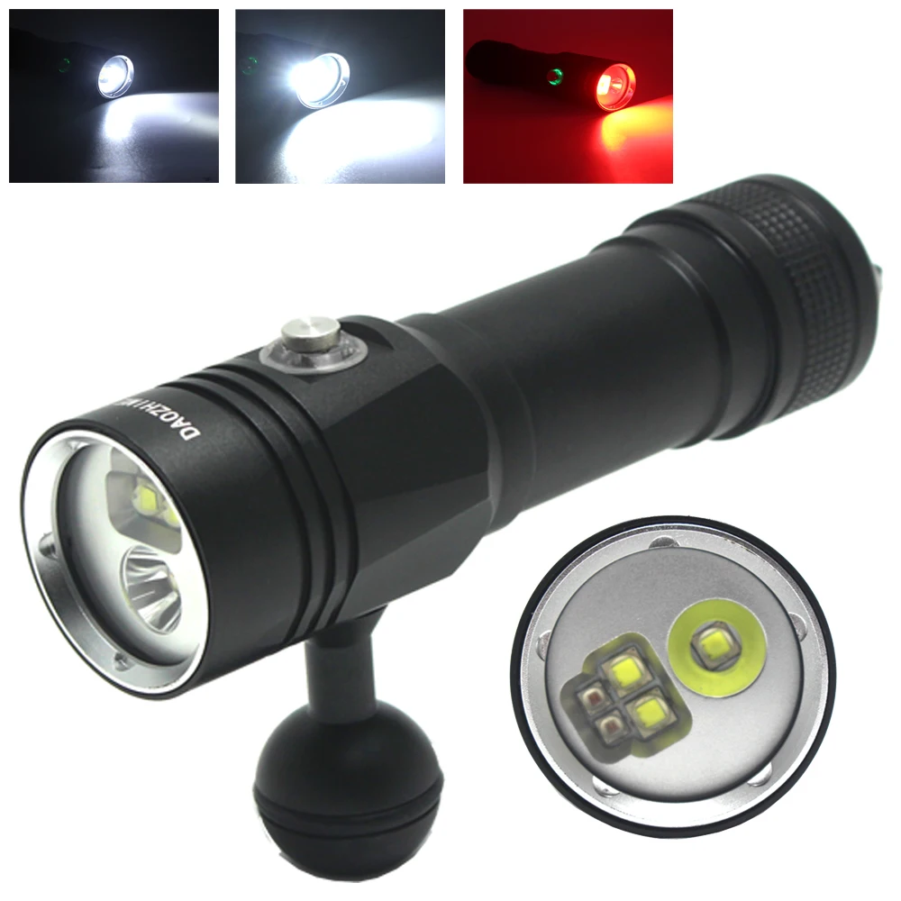 Professional Underwater White + Red LED Photography Light Highlight Lamp Diving Flashlight 100M Waterproof Video Camera torch