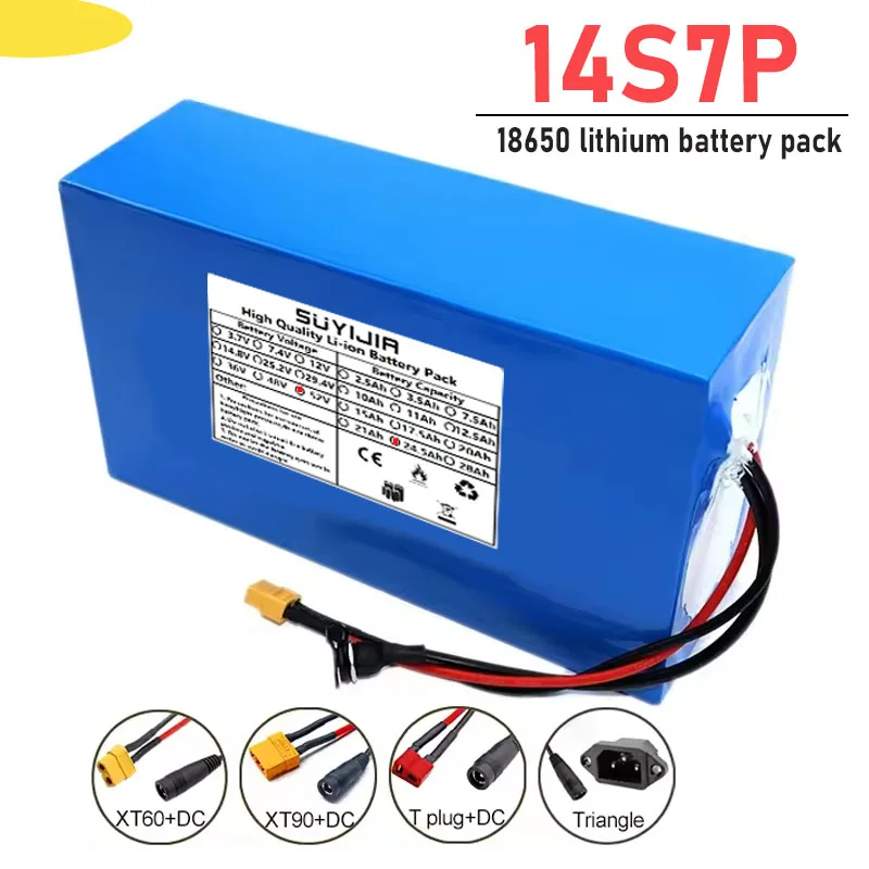 52V 24500mAh 21Ah Lithium-ion Battery Pack 18650 14S7P 1500W High-power Rechargeable Battery with Large Capacity