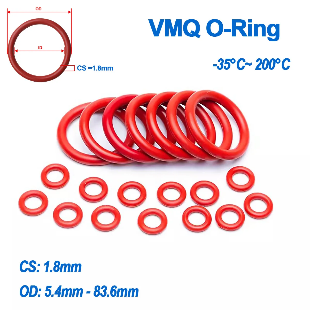 CS 1.8mm Red Silicone O-Ring VMQ Food Grade Sealing Ring Gasket Washer OD 5.4mm - 83.6mm Waterproof Heat-Resistant & Insulated