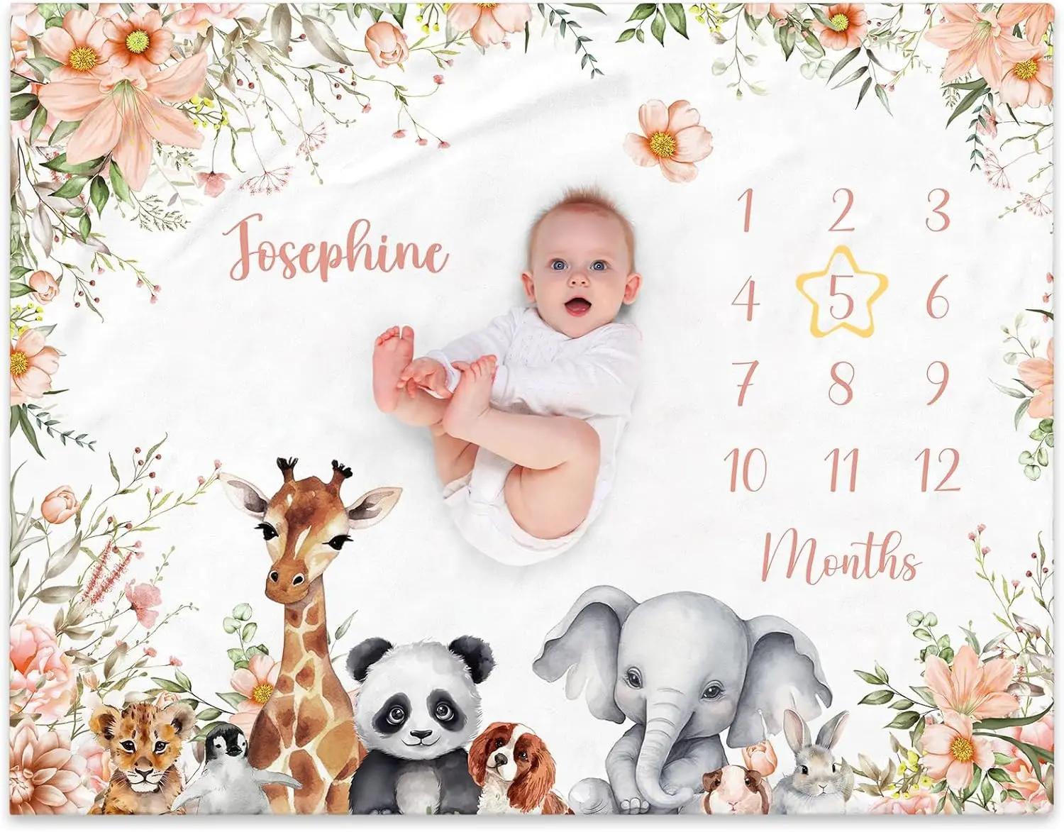

VIKAMA Baby 100-Day Milestone Photo Prop Blanket, Cartoon Animal Print, Newborn Growth Chart Calendar, Monthly Milestone Blanket