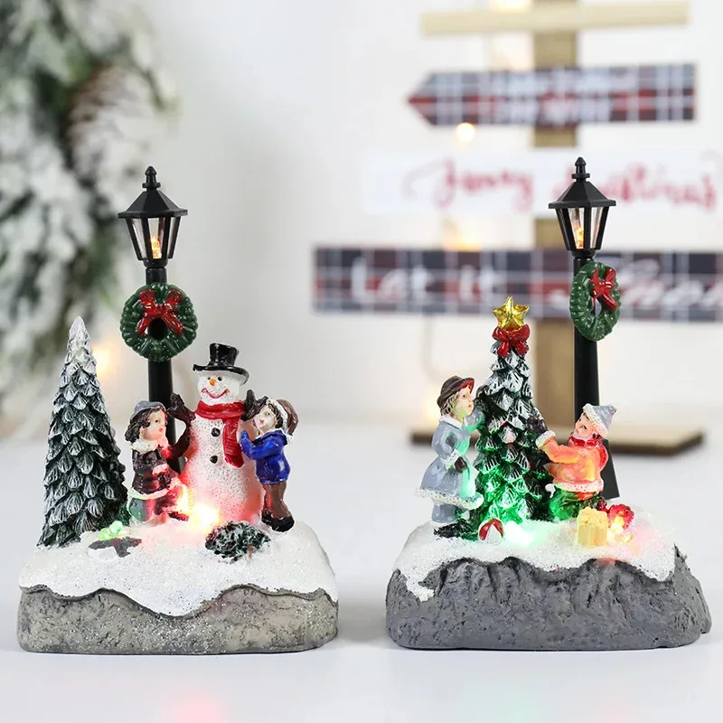 LED Christmas Village Miniature Set, Resin Microlandscape Figurines with Lights, Santa Pine Snow Scene, Holiday Desk Decor Gift