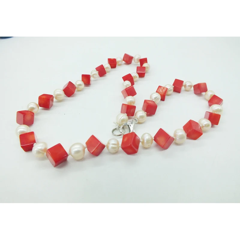 

Pretty ! 6MM Natural Red Coral and Natural Pearl Necklace, Classic Bridesmaid Necklace 18"