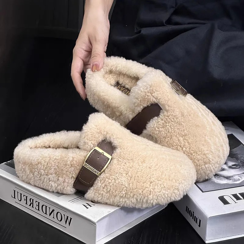 Fashion Lamb Wool Plush Slippers Autumn Winter New Women's Warm Cotton Clothes Outdoor Plush Slippers Height-increasing Insoles - view 3