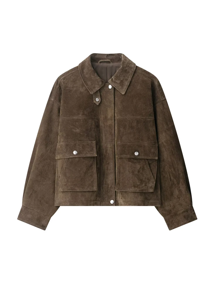 

Женская модная куртка-бомбер из искусственной кожи, пальто с длинными рукавами и накладными карманами спереди, женская верхняя одежда, шикарные топы