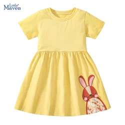 Little maven Children's Clothing Kids Clothes Baby Girls Yellow 2025 Summer New  Embroidered Cartoon Rabbits Dresses 2-7 Years