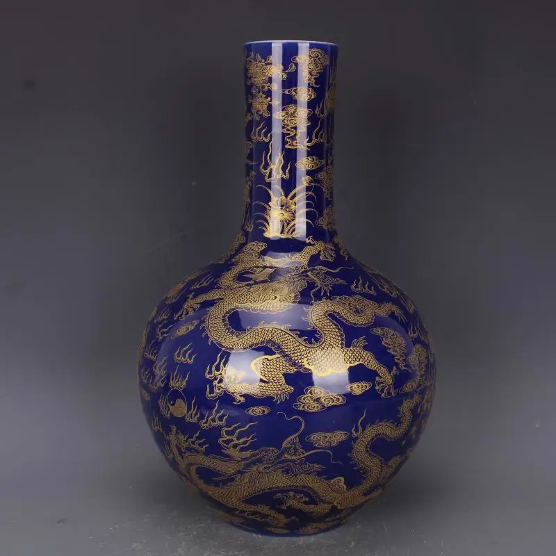 Classic Chinese Blue Glaze Porcelain Golden Dragon Pattern Vase 15.2 inch Home Decoration crafts