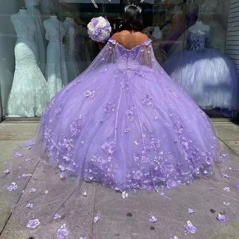 Vestido De baile De lavanda brillante, Vestidos De quinceañera con capa, Vestidos De 15 años, encaje De flores 3D, fiesta Formal De cumpleaños De princesa