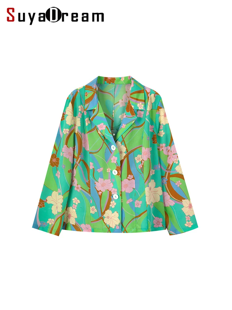 

SuyaDream, Women Floral Shirts, 100%Real Silk, Notched Collar, Printed Blouses, 2024 Spring Summer Silk Top, Green