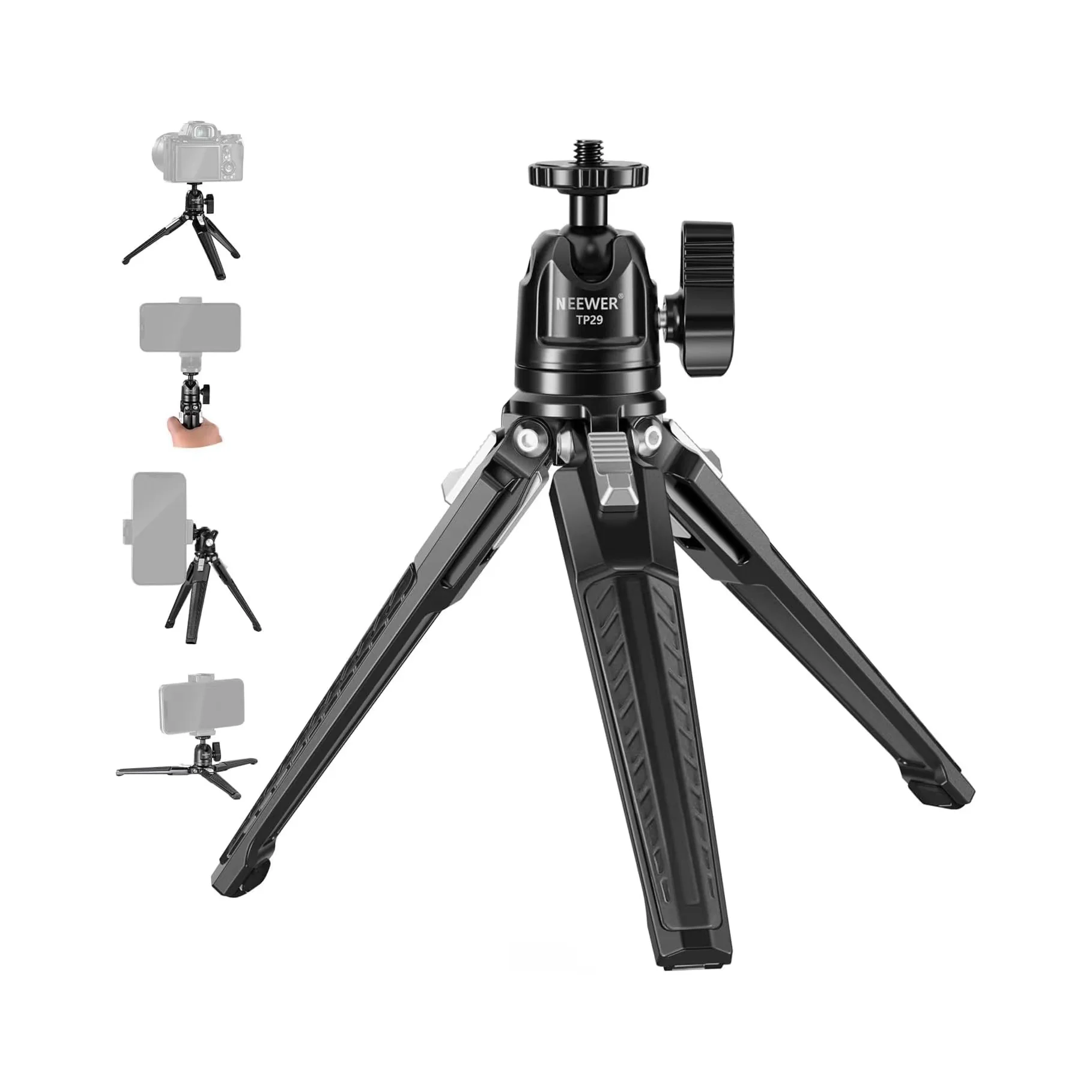 NEEWER Mini Metal Table Tripod with 360 Ball Head, Supports Vertical Recording and Handle, Portable Travel Tripod with 1/4