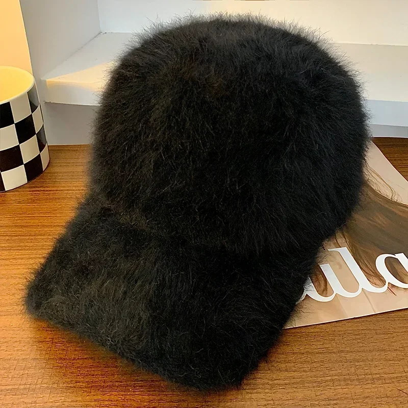 Ins Solid Color Rabbit Hair Baseball Caps Women Autumn and Winter Korean Versatile Warm Show Face Small Plush Duck Bill Hat