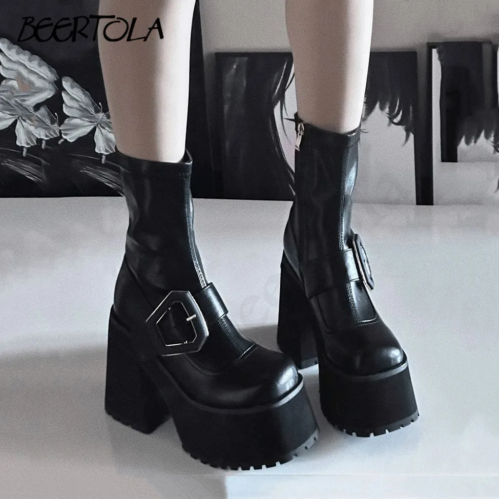 Women's Thick-Soled Chunky-Heeled Elastic Boots Niche Belt Buckle High-Heeled Short Boots Fashionable and Slim Personality Boots