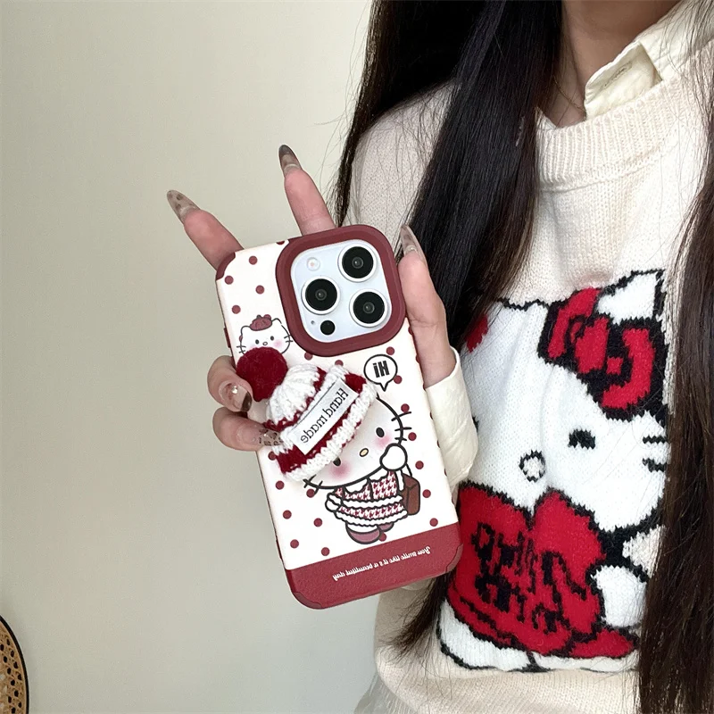 Cute Cartoon Wave Point Hello Kitty Wool Hat KT Phone Case For iPhone 13 14 15 16 Pro Max Sweater Thousand Bird Grid Kitty Shell