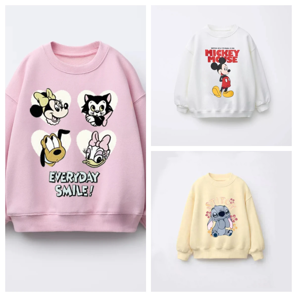 Sweatshirts Popular characters From Animated Films Such As Mickey Mouse And Stitch In Children's Round Neck Hoodies Without Hats