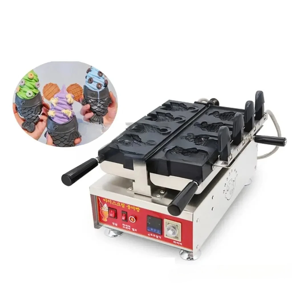 Digital Fish Shape Waffle Maker Ice Cream Taiyaki Machine Electric Waffle Cone Maker 4 Pcs Non Stick Dessert Cooking Pan