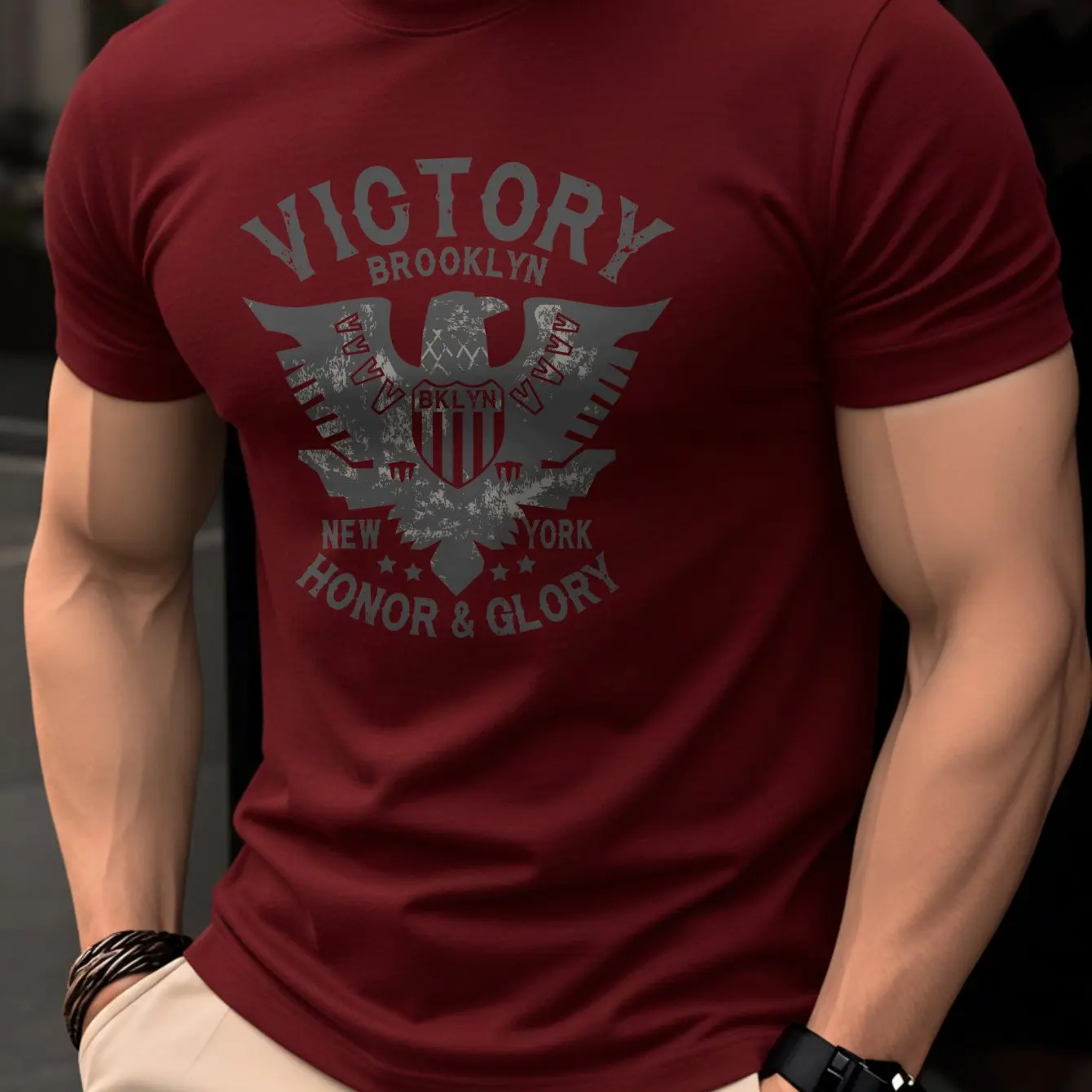 Men Red O-Neck T-Shirt Victory Brooklyn Eagle Print, Casual Short Sleeve Cotton Tee, New York Retro Streetwear Slim Fit Tops