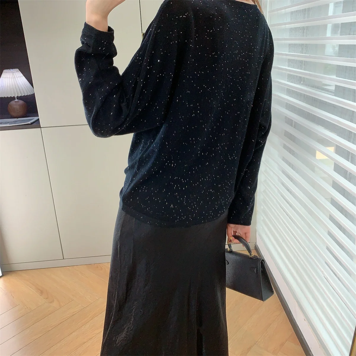 Fenggejiwo Night Sky Starry Home Early Autumn One Collar Glitter Water soluble Wool Knitted Hoodie