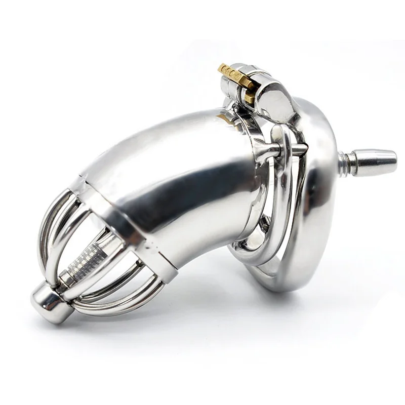 Stainless Steel Chastity Device with Urethral Catheter and Anti-Shedding Ring Chastity Cage Man Penis Ring Adult Sex Toy for Men