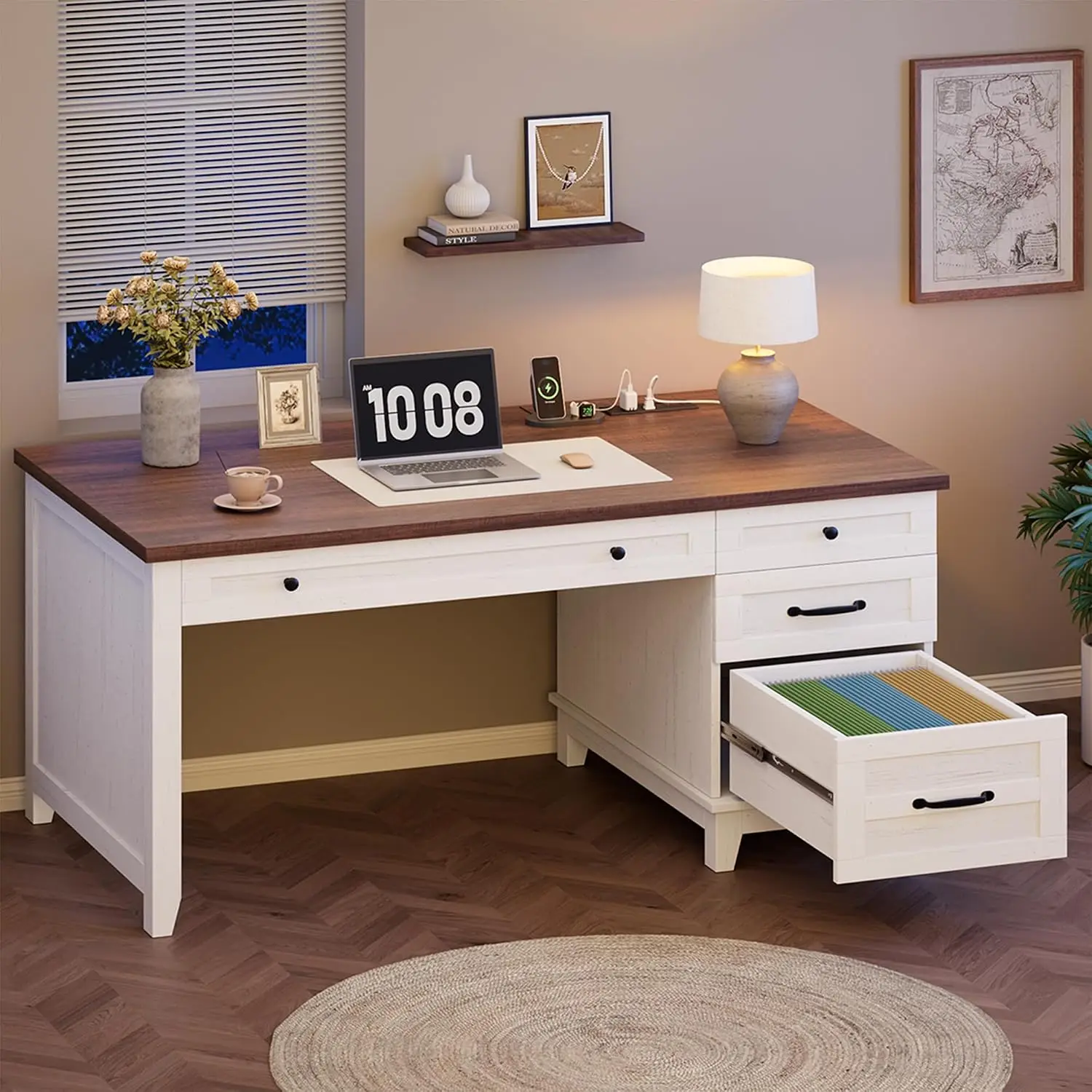 Executive Desk with Drawers, Farmhouse Home Office Desk with Charging Station, 53.54 in Wooden Computer Desk with File Cabinet