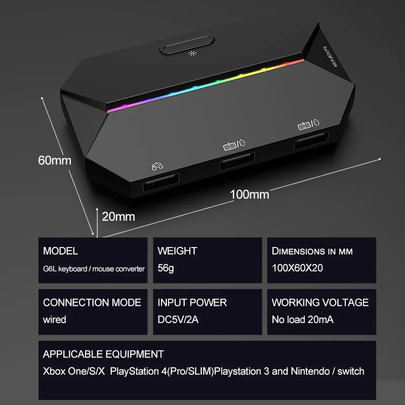 محول ألعاب G6L صغير ومحمول لوحة مفاتيح وماوس خفيفة RGB للتبديل Xbox PS4 5