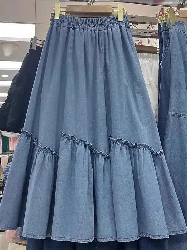 

High Waist A-Line Midi Skirt plus Size Denim Asymmetrical Female Summer Slimming Half-length Skirt with Wood Grain Splicing