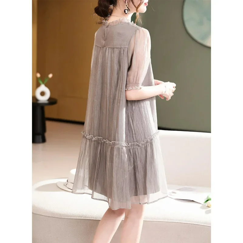 Summer New Casual Fashion Korean Style Slim-fitting Casual Easy-matching Elegant French Short-sleeved Straight Dress for Women