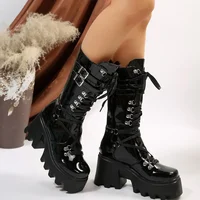 Winter 2024 New Women's Fashion Mid Tube Boots Lace Up High Platform Wedge Boots New Women's Fashion Solid Color Boots - Image 4