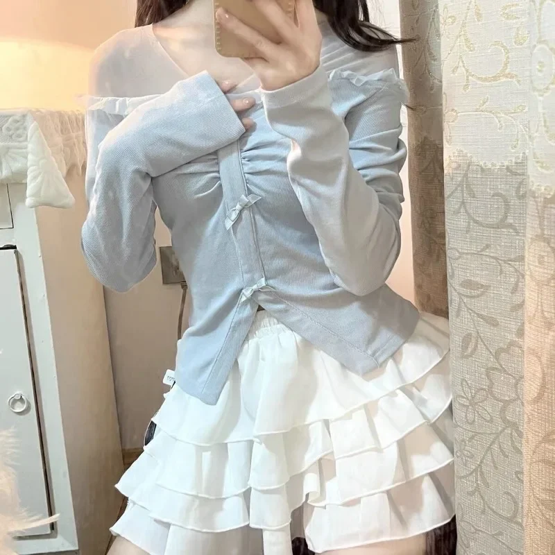 

Элегантный сладкий тонкий бант, однотонный комплект из 2 предметов, женский японский модный тонкий лоскутный топ с длинными рукавами + короткая юбка с высокой талией и рюшами, новинка