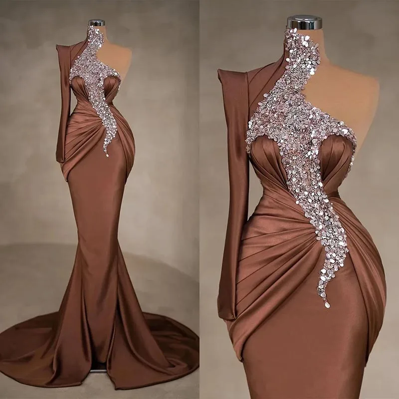 Customized Simple Glitter One Shoulder Sequined Mermaid Evening Dresses Brown Prom Dress Floor Length Formal Party Gowns