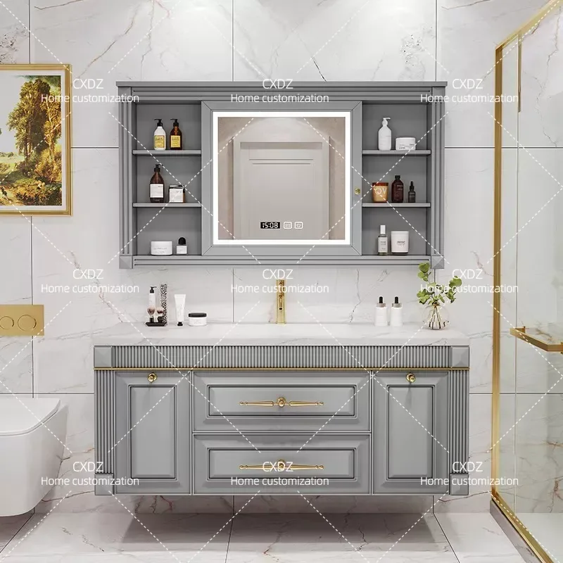 American Oak Rock Slab Seamless Basin Bathroom Cabinet with Mirror Vanity Unit Modern Washbasin Storage Combo for Home Bath