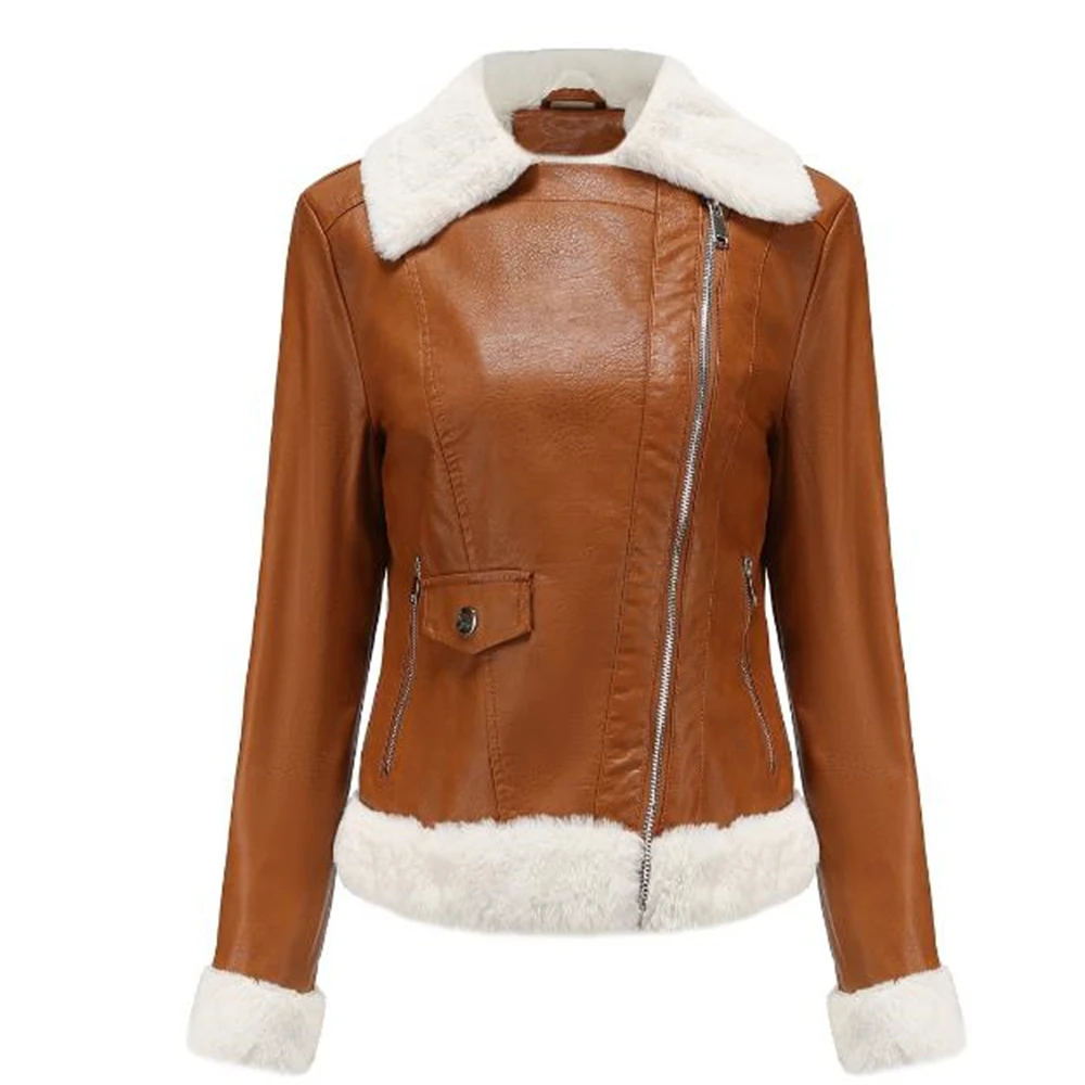 ผู้หญิงหนังOuterwearฤดูหนาวแฟชั่นLadyขนแกะรถจักรยานยนต์หนังเสื้อลําลองหญิงสั้นBikerแจ็คเก็ตเสื้อผ้าTops