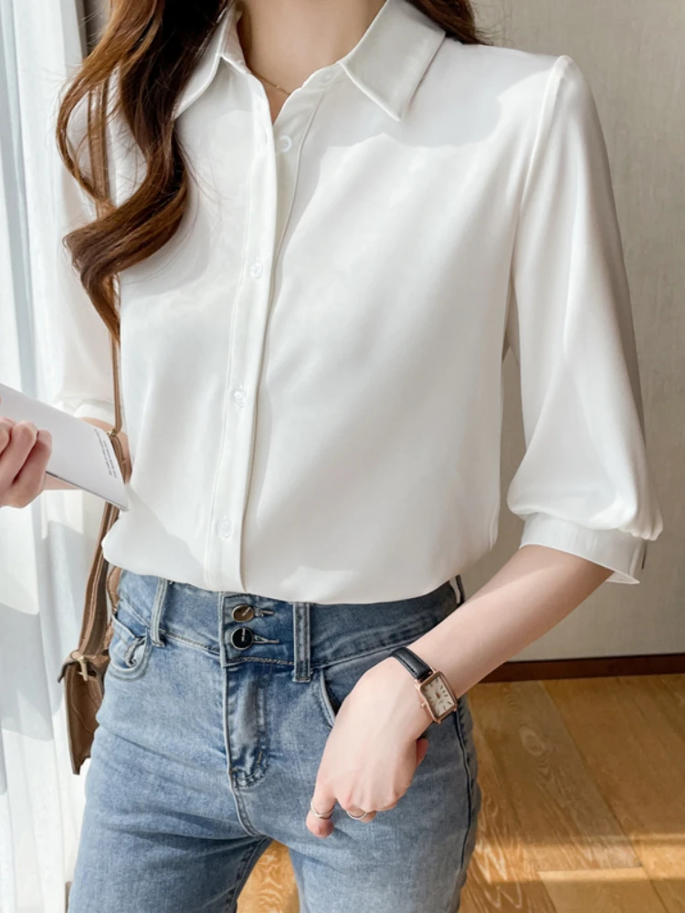 Silk Women Shirt Three Quarter Sleeve Blouses for Women Satin Blouses and Shirts Summer Fashion Women Clothing White Women Tops