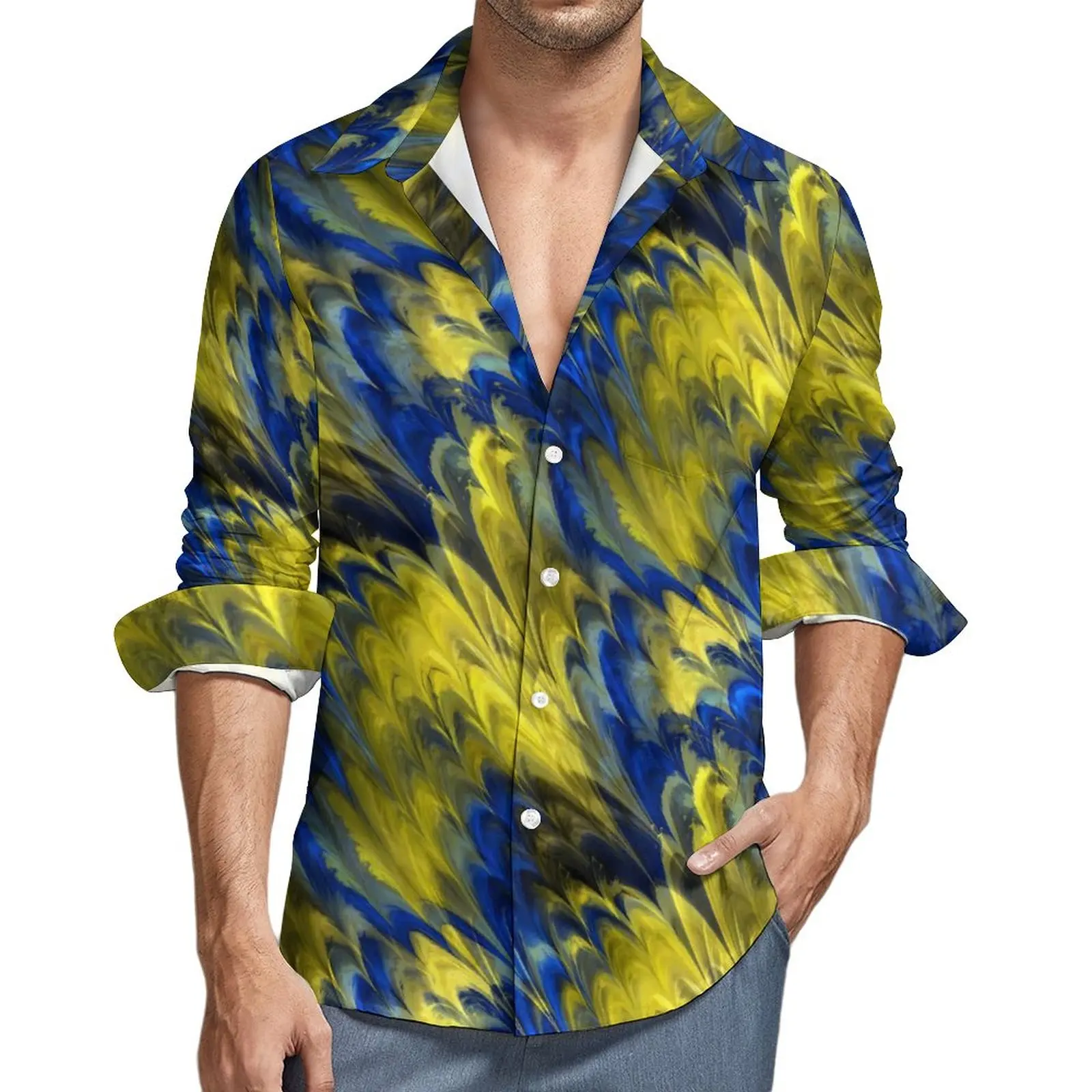 

Fractal Marble Casual Shirts Men Yellow Blue Shirt Long Sleeve Cool Stylish Blouses Autumn Custom Clothes Big Size