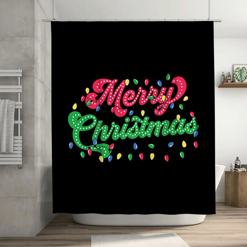 

Waterproof Christmas Shower Curtain with Merry Christmas Lettering and Colorful Lights, Festive Holiday Bathroom Decor for Home