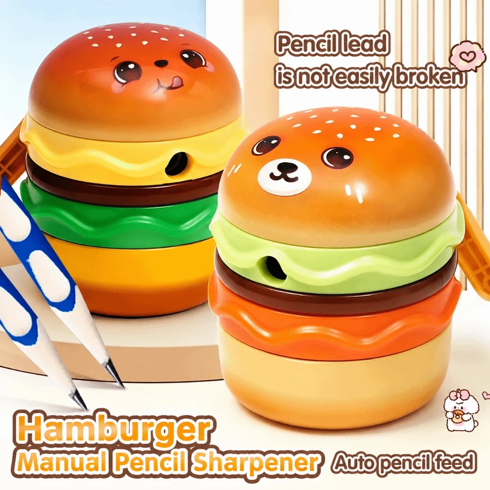 Hamburger Shape Pencil Sharpener 3-gear Adjustable Thickness Burger Pencil Sharpener Hand Crank Anti-Jam Manual Pencil Cutter