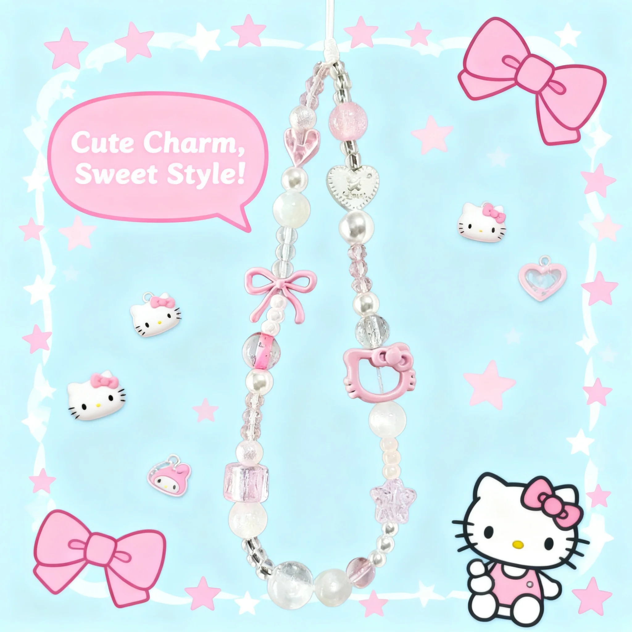 

Cute Sanrio Hello Kitty Cat Pink Phone Chain Beaded Keychain Jewelry Camera Hanging Rope Cartoon Kitty Phone Strap Gift for