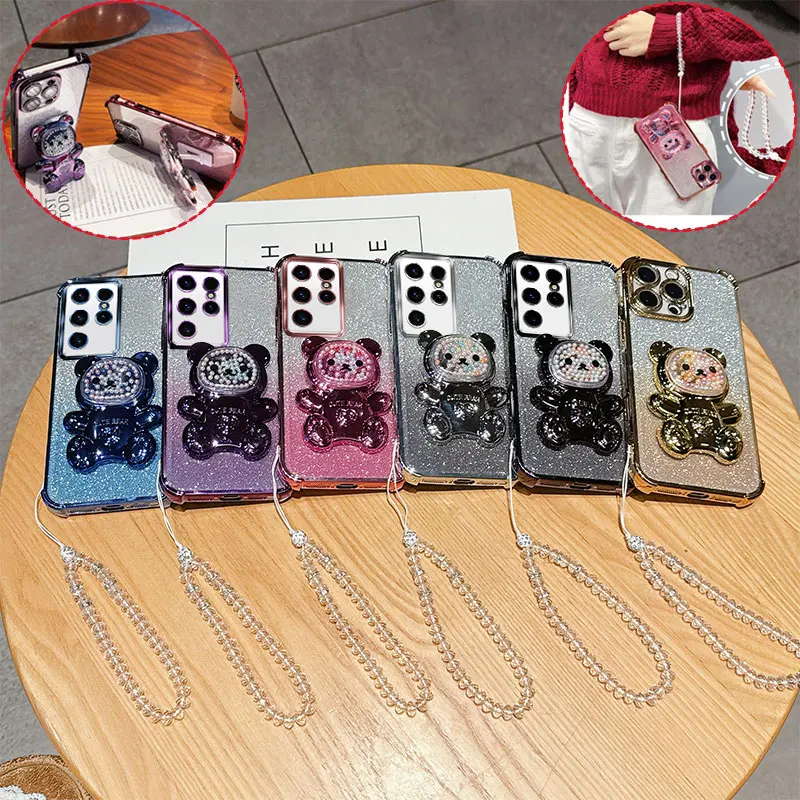 4 Corner Shockproof Phone Case with 3D Bear Stand Crystal Chain Lanyard Glitter For Samsung Galaxy S23 Ultra Plus Fe Back Cover