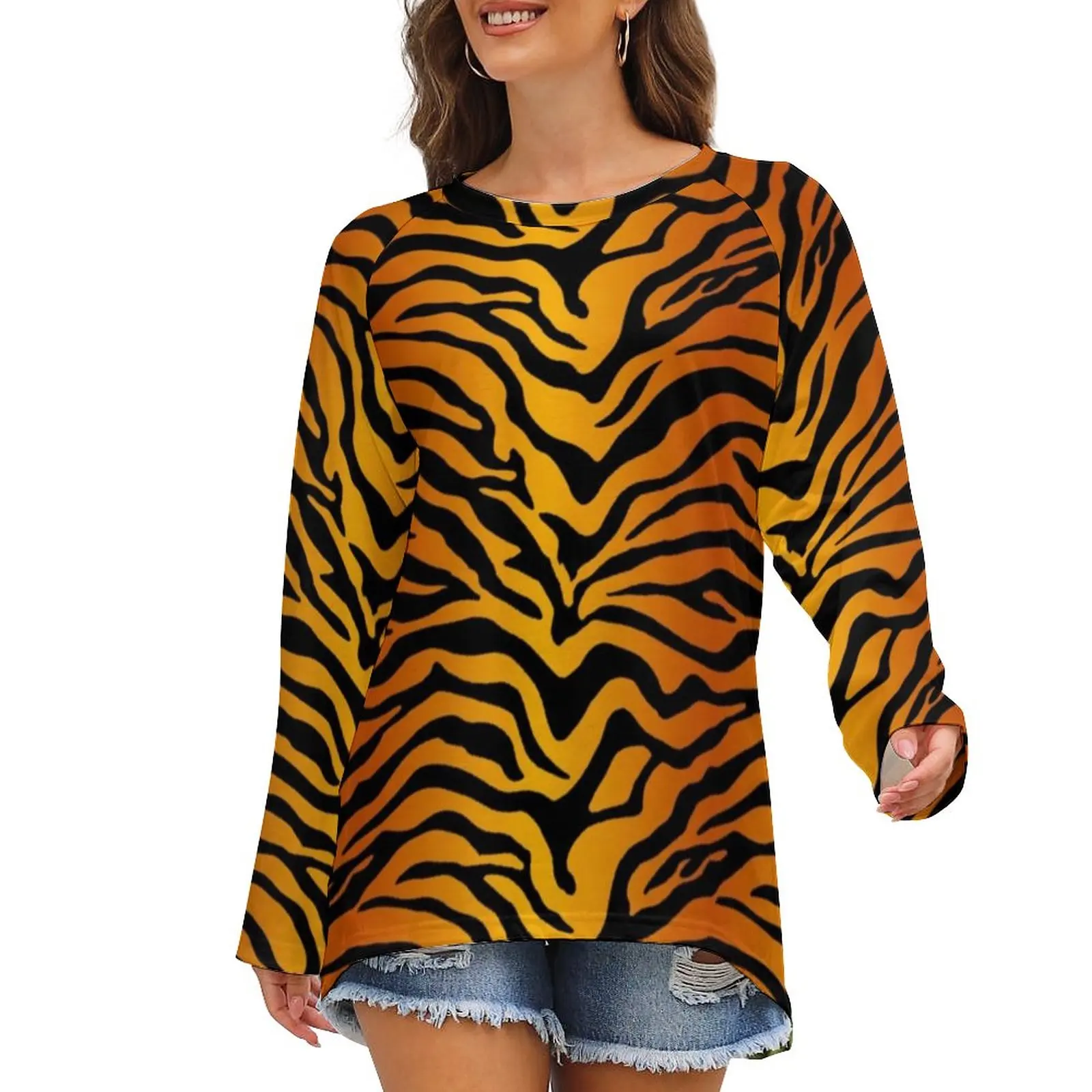 Tiger Stripes Yellow T-Shirt Animal Print Simple Long Sleeve T Shirts Street Fashion Oversized Tees Womens Tops Birthday Gift