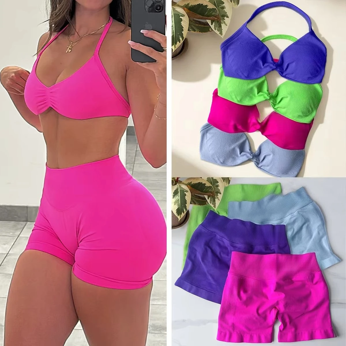 

2Pcs Gym Set Women Backless Tank Tops High Waist Scrunch Seamless Shorts Gym Suit Fitness Clothes Activewear Workout Sets