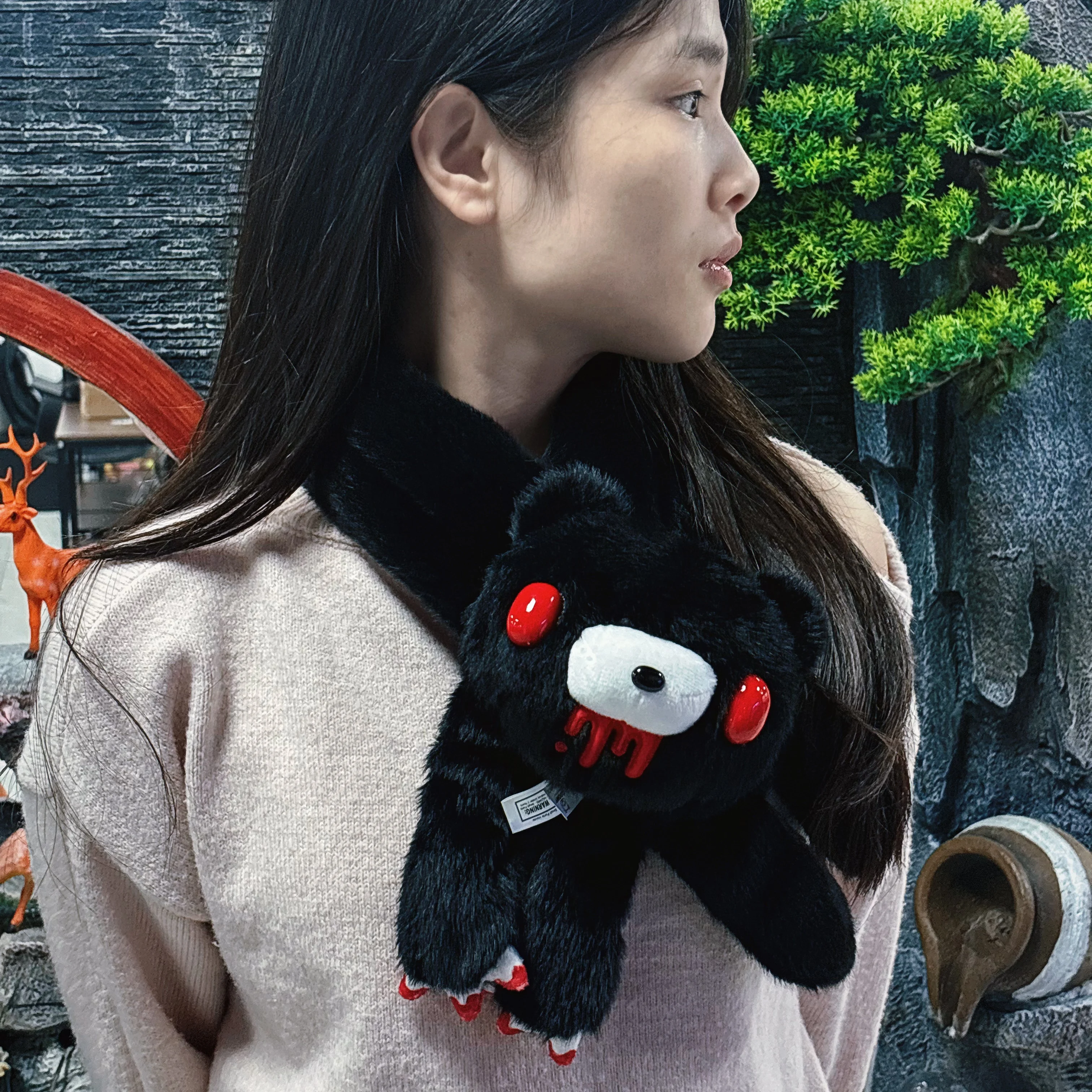 Cute Bear Plush Scarf Cute Bloody Bear Design Soft Furry Neck Warmer Fashion Accessory for Men Women Multi Color Options