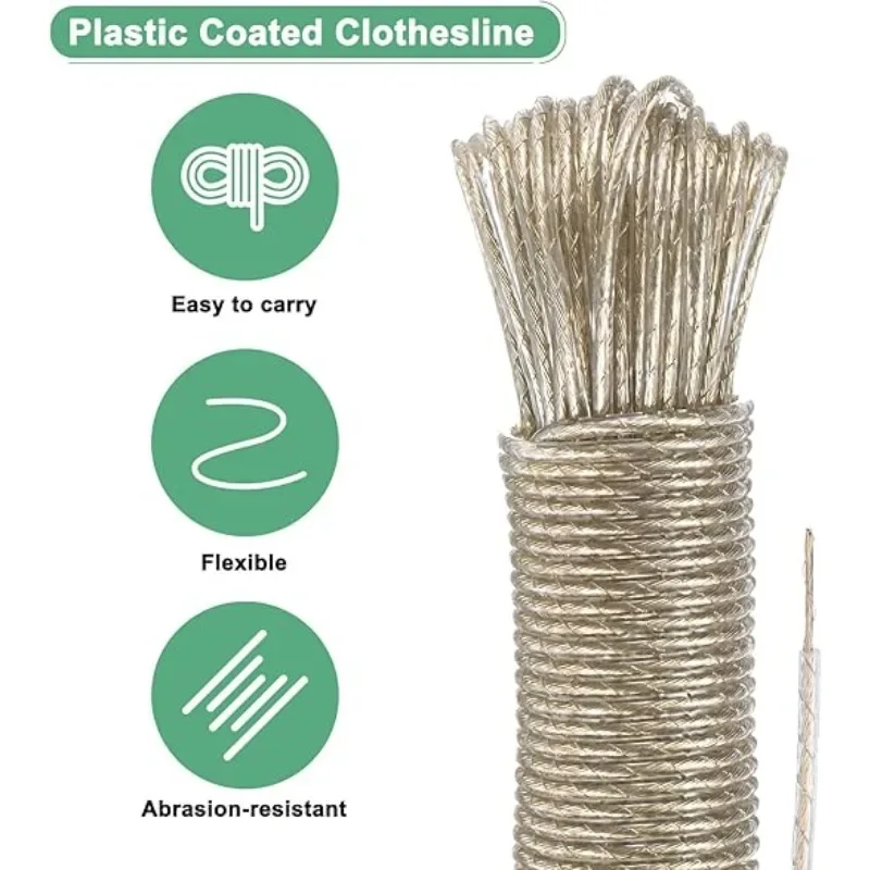 Hochbelastbare PVC-beschichtete Stahlwäscheleine für Innen und Außen, Camping, Balkon, Wäschetrocknungsseil, Rostfreies Zubehör – Detail 2