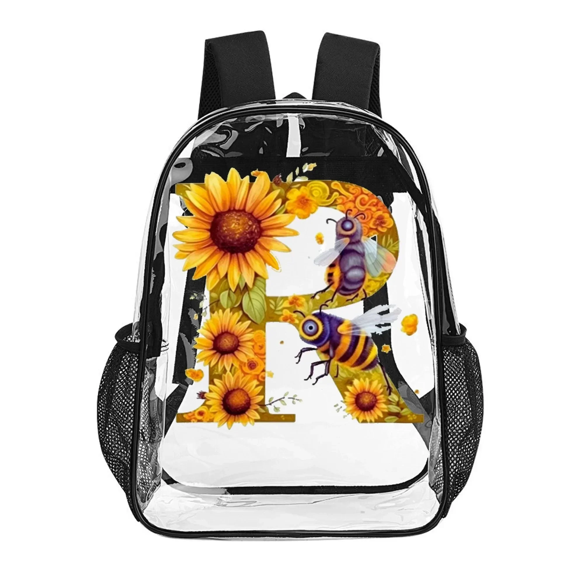 

16 in PVC Clear Backpack, Transparent Bag with Sunflower Bee&Letter R Pattern,Perfect Gift for School, Birthday, Casual Outings