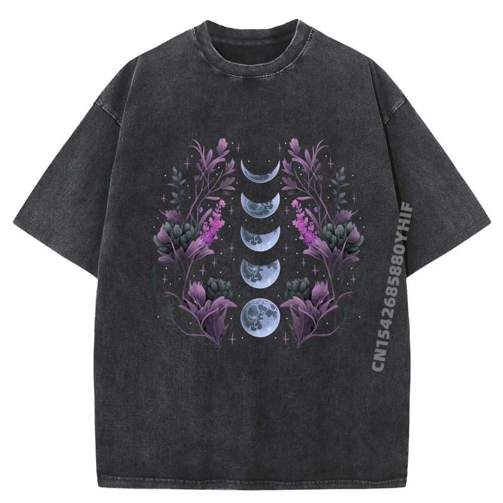 

Dark Academia Accessory Mystic Wildflowers Moon Phases Black Graphic Tees Mens Latest Washed Short Sleeve T-Shirt Man
