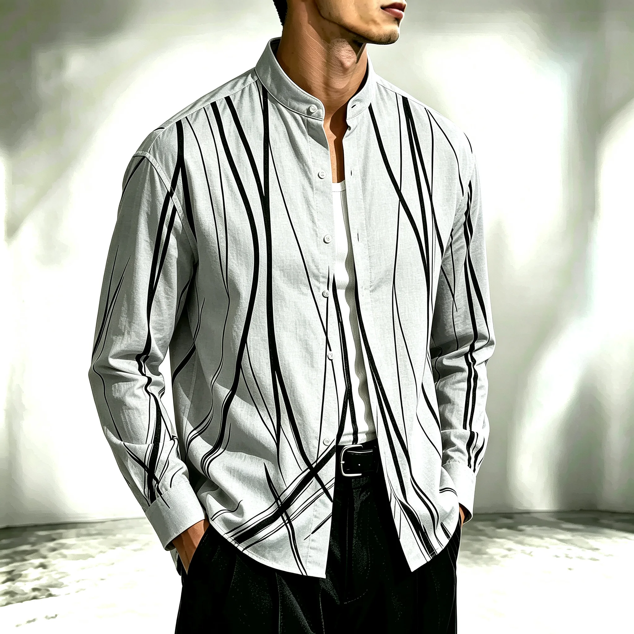 Men's Black Long-Sleeve Shirt with Stand Collar and Curved Stripes-Artistic Print-Trendy Urban Casual Top