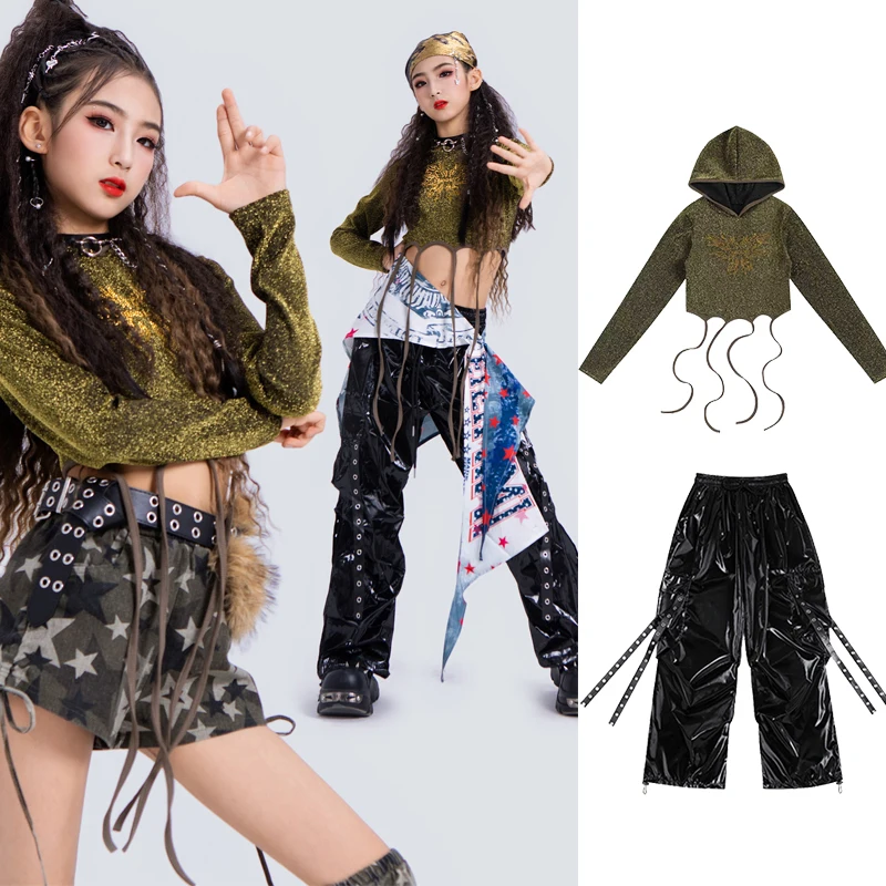 

2026 Children Ballroom Hip Hop Dance Costumes For Girls Crop Tops Loose Pants Kpop Outfits Kids Jazz Dance Stage Clothes XH3975