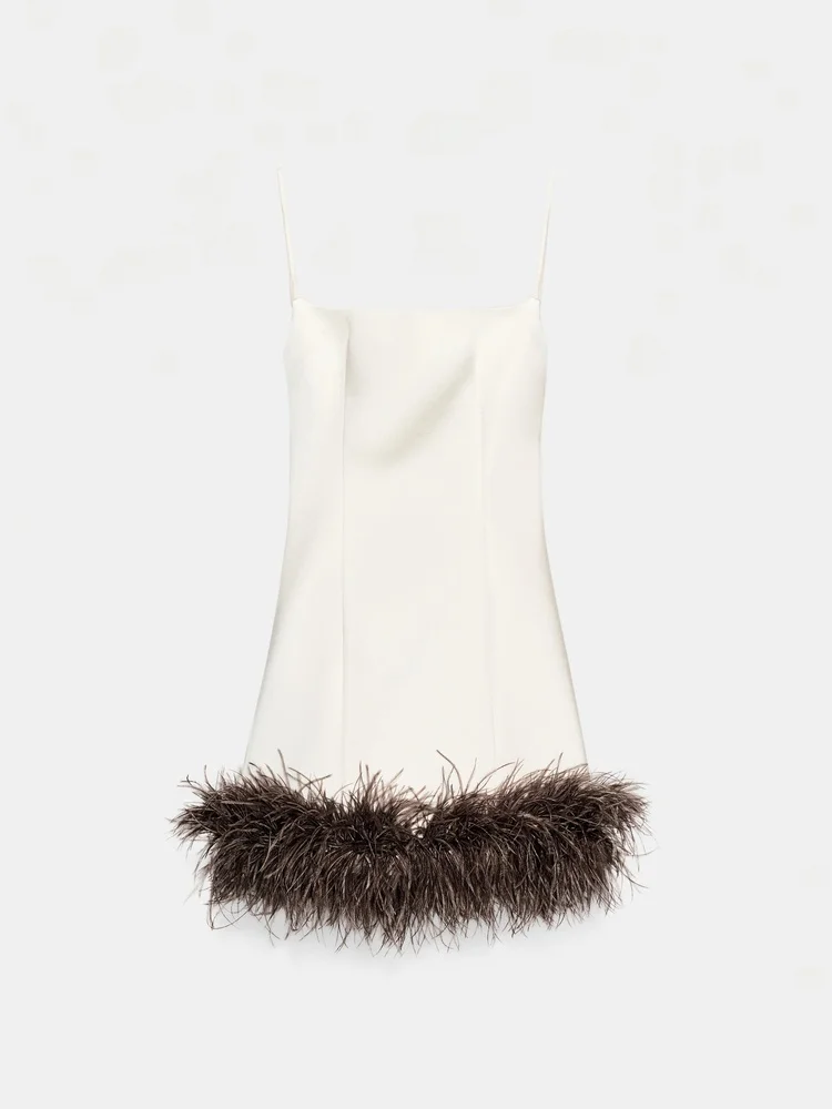 Frühling 2026 Pure Desire Bal Gerader Kragen Federbesatz Seidensatin Gefühl Dr Schlankmachendes A-Linien-Kleid Lässige hohe Taille