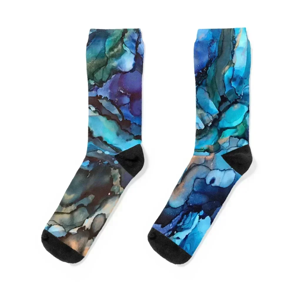 

Wisdom - alcohol ink artwork with blues, golds, grey Socks tennis christmass gift hiking Socks For Girls Men's