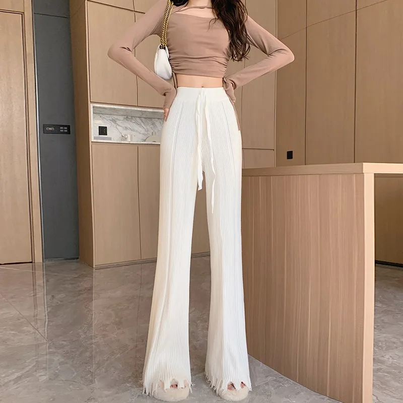 

Women's Trousers Autumn And Winter High Waist Thickening Warm Cloud Bottom Mopping Wide Leg Tassel Knitted Straight Pants